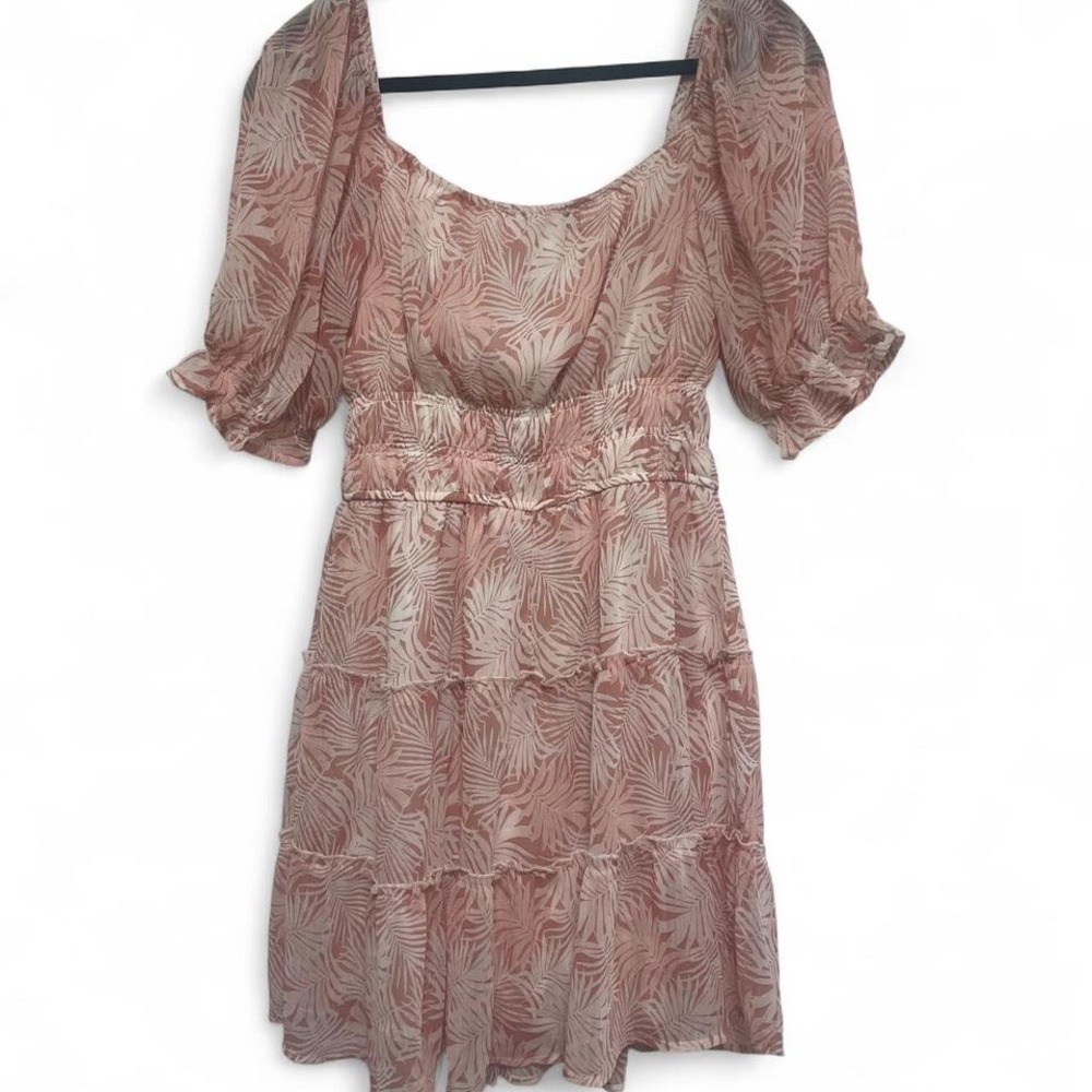 Pink Leaf Print Smocked Waist Puff Sleeve Dress Size Small Boho Summer